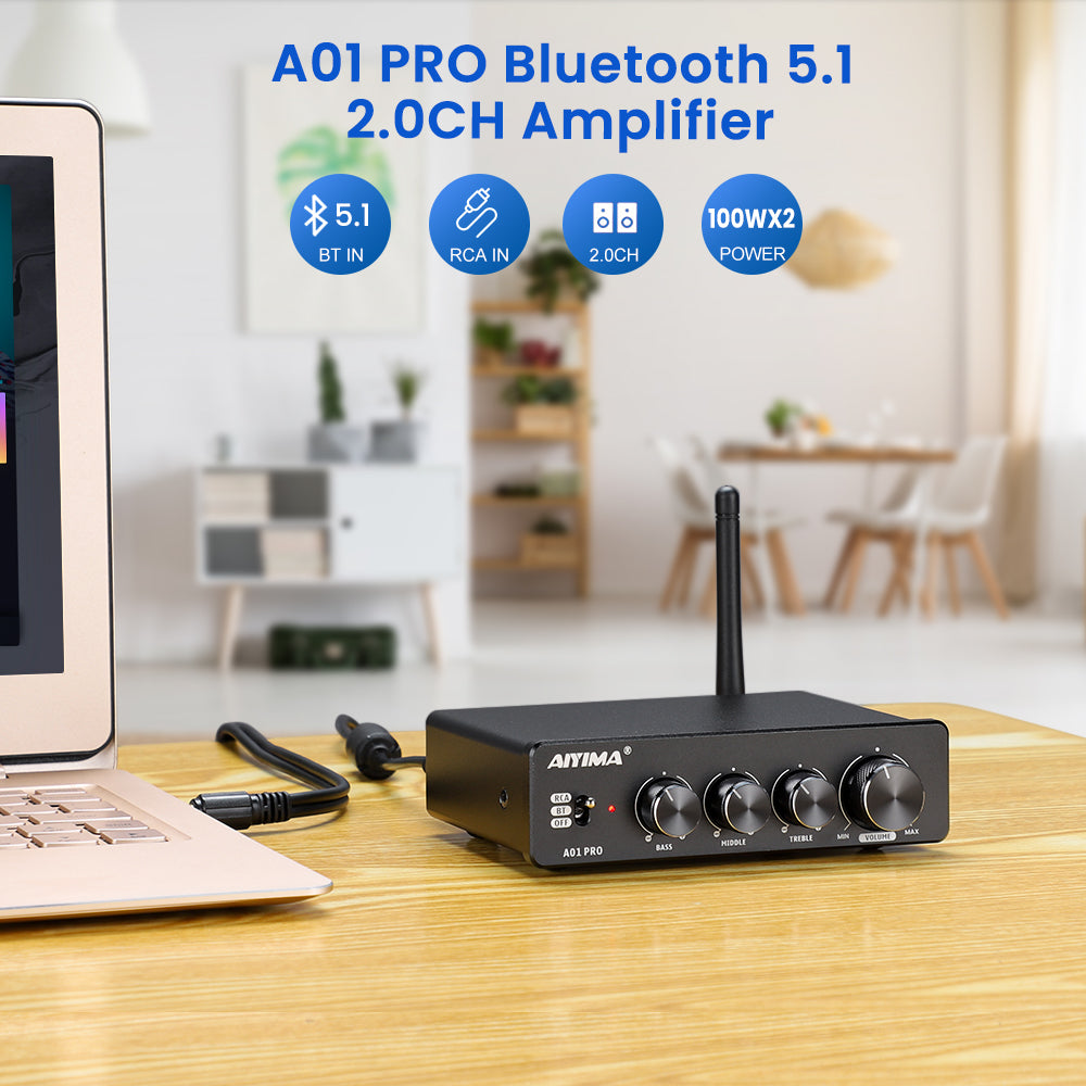 AIYIMA A01PRO Bluetooth 5.1 Audio Stéréo 2.0/2.1 CH Amplificateur 100W x 2  TPA3116 Amplificateurs de Puissance Mini Hi-FI Classe D Amplificateur